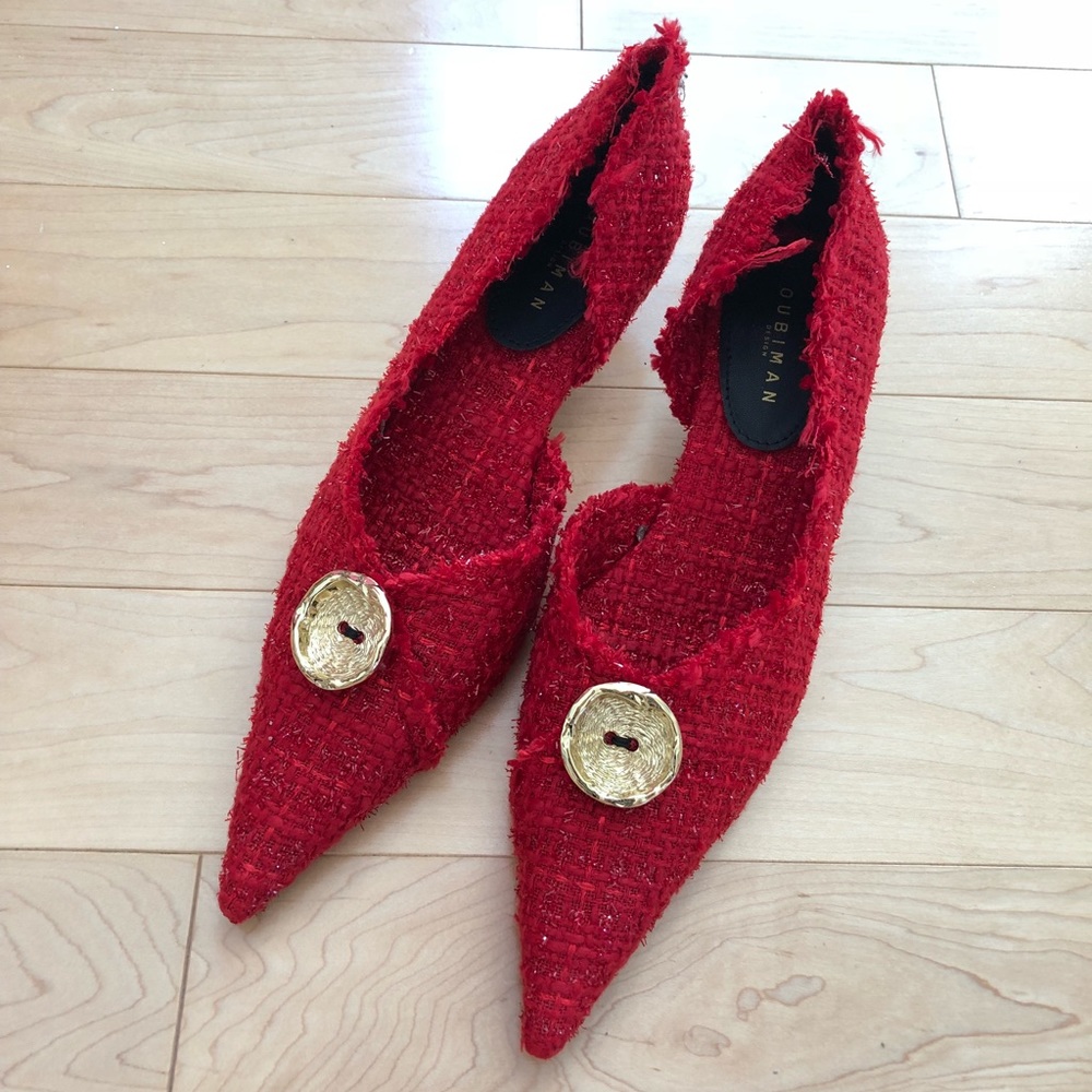 Red fabric kitten heel with gold button